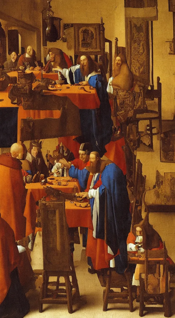 Image similar to Noble lunch. They dined in a large, richly furnished room. There were a lot of food on the table. Medieval painting by Jan van Eyck, Johannes Vermeer, Florence,