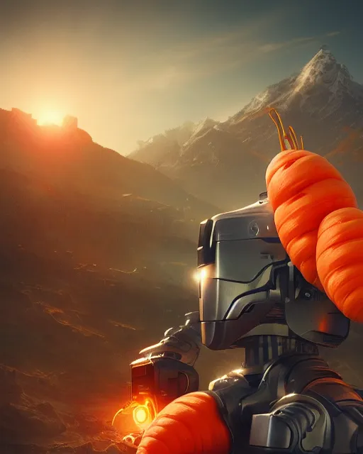 Image similar to friendly carrot cyborg, robocop, scifi farm, morning light, cinematic, mountains, epic design, aura of carrots, sparks, atmosphere, welcoming smile, high quality, perfect, 8 k high detail, masterpiece, trending on artstation, by akihiko yoshida