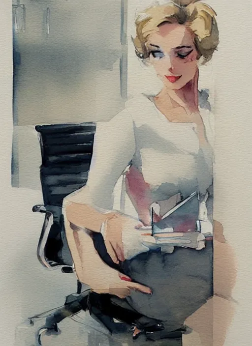 Prompt: concept art of a modern office life, business woman, pinterest, artstation trending, behance, watercolor, by coby whitmore, silver, laser light,