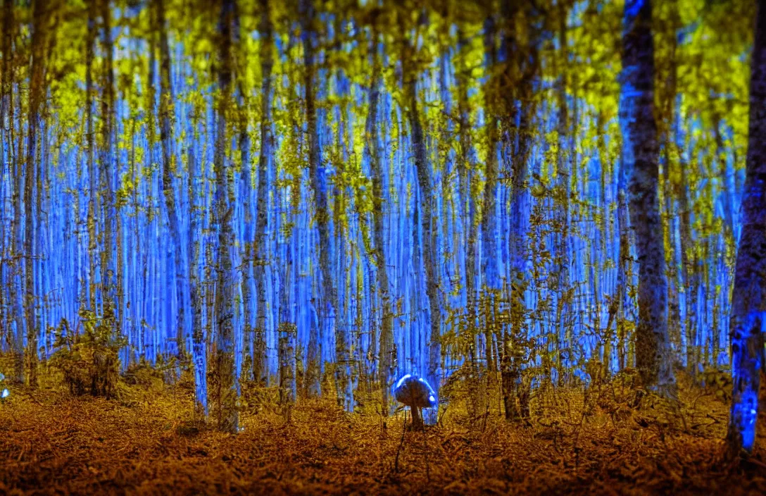 Image similar to blue forest, glowing mushrooms, sigma lens, strong bokeh, photography, highly detailed, 8 5 mm, f / 1. 3, night time, surreal