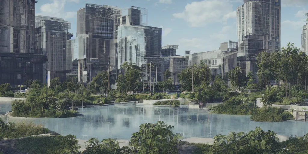 Prompt: city center public park, modern landscape architectural design for industrialpunk, water in the middle, dramatic lighting and composition, octane render, unreal engine 5, 8k