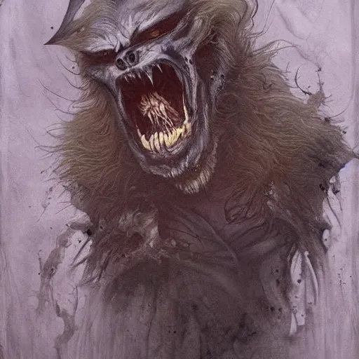 Image similar to werewolf lycanthrope monster makeup grinning grimpunk vile reprobate portrait portrait Wolfman Wolfman Fenrir with tombow odd nerdrum greg rutkowski frank frazetta alexandre briclot Dave Dorman splatterpaint