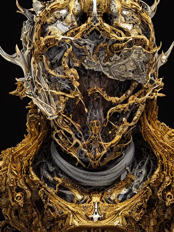 Image similar to portrait art of 8k ultra realistic wither walker,intricate gold crown, detailed intricate ornate armour,decaying, cybernetic, full of colour, cinematic lighting, battered, trending on artstation, 4k, hyperrealistic, focused, extreme details,unreal engine 5, cinematic, masterpiece, art by ayami kojima, giger