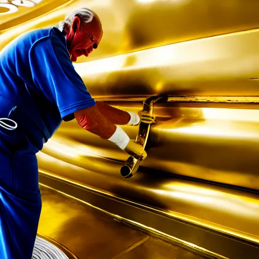 Prompt: wrinkled hunchbacked old butler polishing painting the side of a gold plated mega yacht with a cloth, maintenance photo