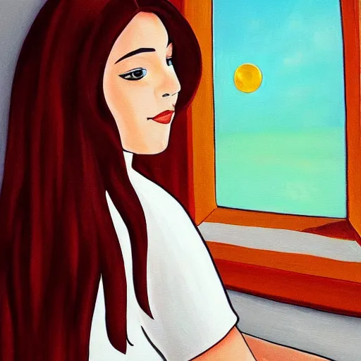 Prompt: painting of brunette girl looking out the window at the moon, love