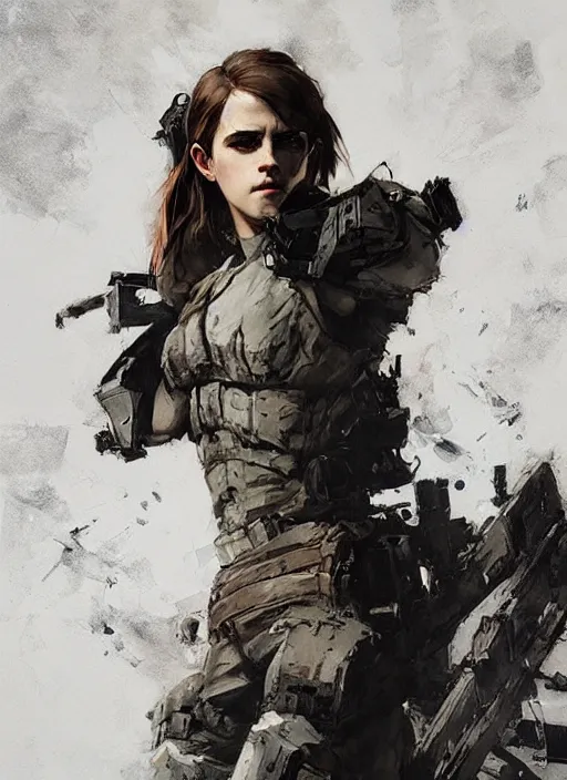 Prompt: emma watson wearing metal gear armor dramatic lighting art by Richard Schmid by Yoji Shinkawa by greg rutkowski by Sandra Chevrier by Jeremy Lipking