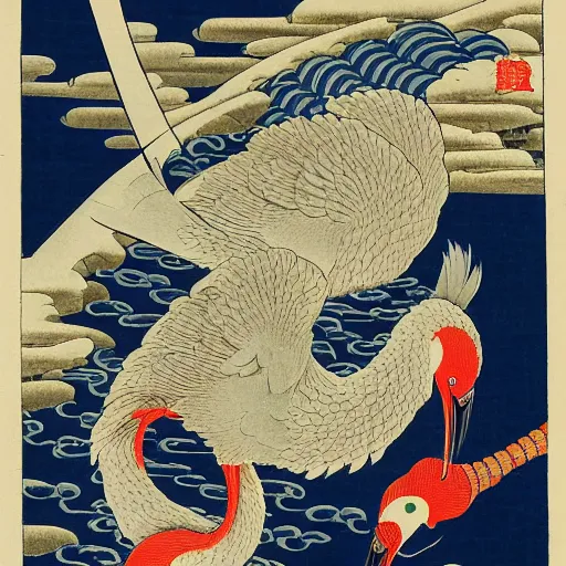 Image similar to 鶴 crane, in the style of hokusai, ukiyo-e