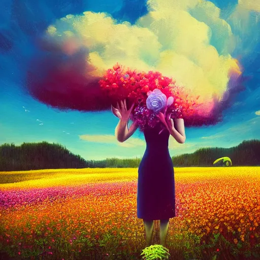 Image similar to girl with an blooming flower for a face, surreal photography, dream, standing in flower field, magical, in a valley, sunrise dramatic light, impressionist painting, colorful clouds, artstation, simon stalenhag, exploding flower face