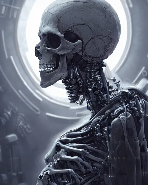 Image similar to skeleton with cybernetic enhancements with some flesh as seen from a distance, scifi character portrait by greg rutkowski, esuthio, craig mullins, 1 / 4 headshot, cinematic lighting, dystopian scifi gear, gloomy, profile picture, mechanical, half robot, implants, solarpunk