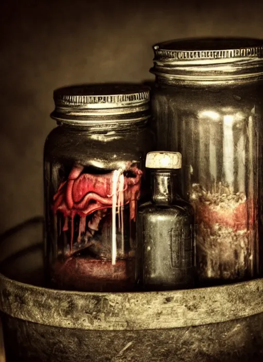 Prompt: jar full of teeth, dark, doom, obscure, high definition, high quality photo, 8k