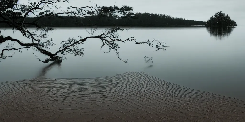 Prompt: centered photograph of a single line of thick infinitely long rope floating on the water surface stretching out to the center of the lake, a dark lake on a cloudy day, color film, sandy shore foreground trees in the background, hyper - detailed photo, anamorphic lens