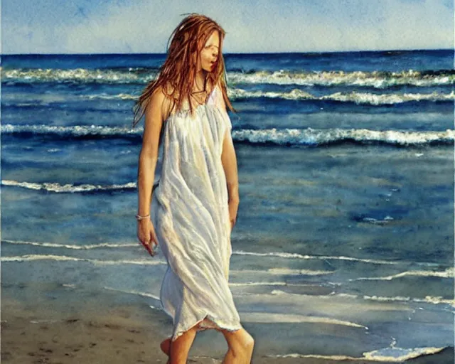 Prompt: a photorealistic watercolor of a woman with wet translucent white dress walking by the beach, by Steve Hanks, highly detailed and realistic, intricate HD, emotional realism