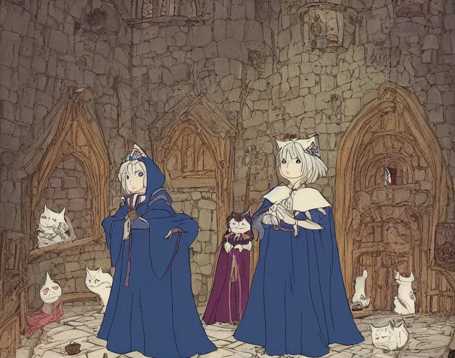 Prompt: a cute old witch queen wearing a heavily embroidered velvet cloak, surrounded by fluffy cats, in a old medieval castle, by hayao miyazaki, studio ghibli, anime masterpiece, sharp, wide angle shot, head to toe, standing pose, feet on the ground