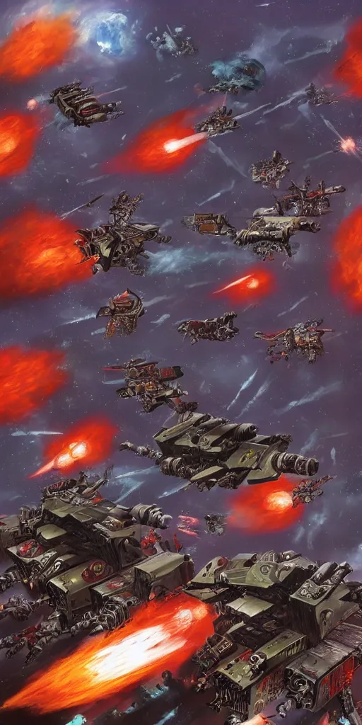 Prompt: illustration, warhammer 4 0 k, jump gang war between space warships.