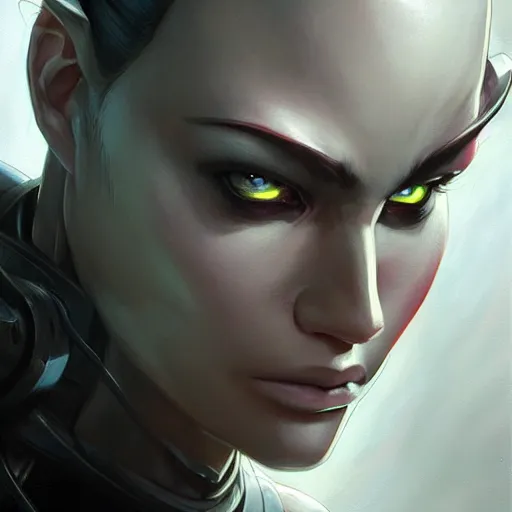 Image similar to portrait of an evil robot,art by charlie bowater, ross tran, artgerm, and makoto shinkai, detailed, inked, western comic book art, 2021 award winning painting,digital art,ultra realistic,ultra detailed,art by greg rutkowski,detailed face,photorealistic,realistic,hyperdetailed,detailed face,4k,eerie