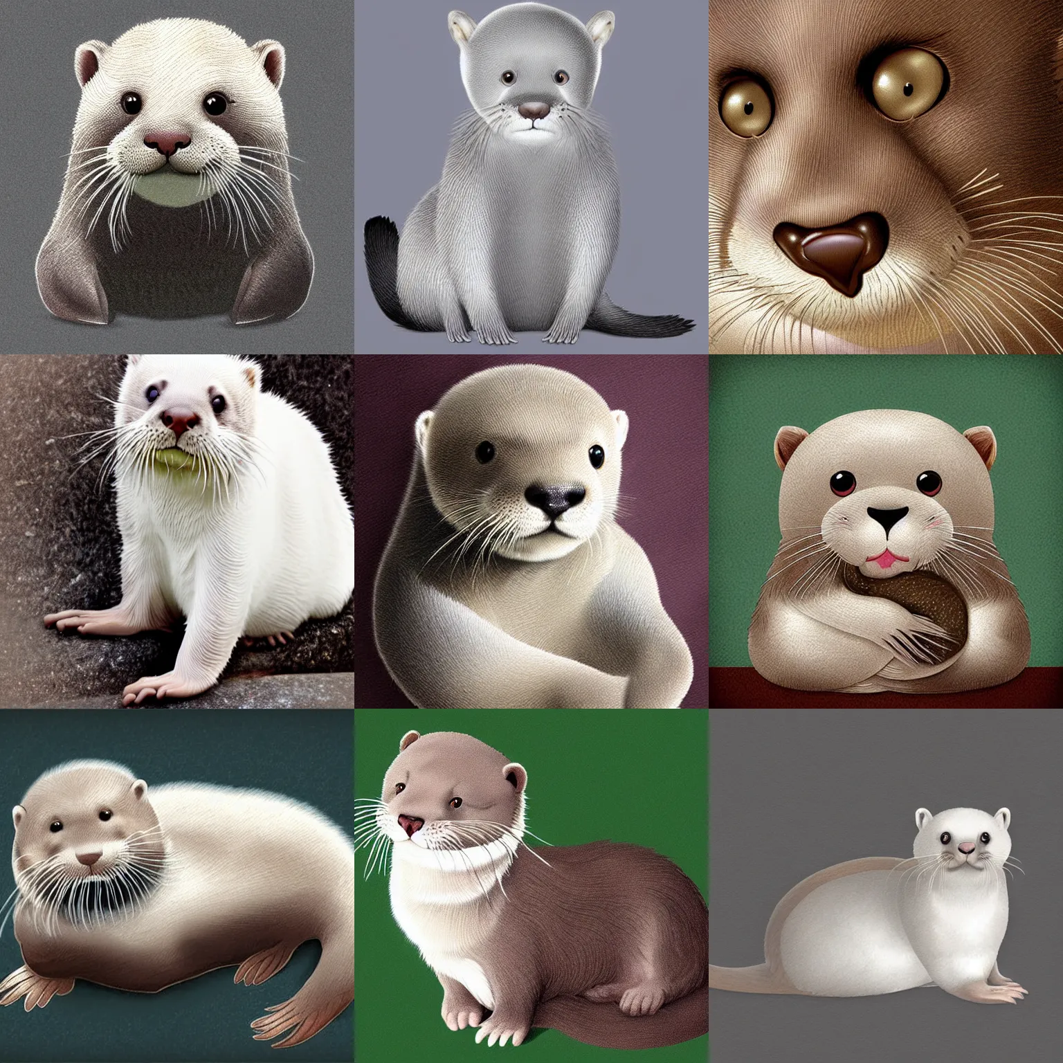 Prompt: otter cat seal chimera, white fur, adorable, cute, award-winning digital art