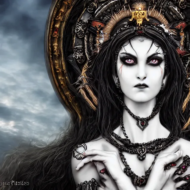 Image similar to perfectly centered close up portrait, candid photography, goddess of death, by anne stokes, updo, highly detailed, accurate