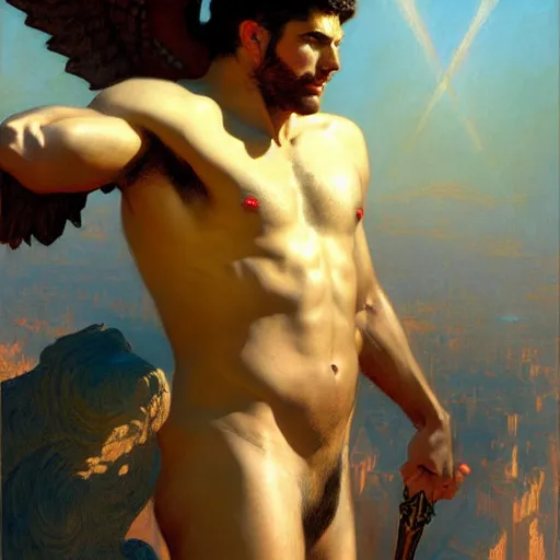 Image similar to attractive male lucifer morning s raising hell unto heaven. highly detailed painting by gaston bussiere, craig mullins, j. c. leyendecker, 8 k