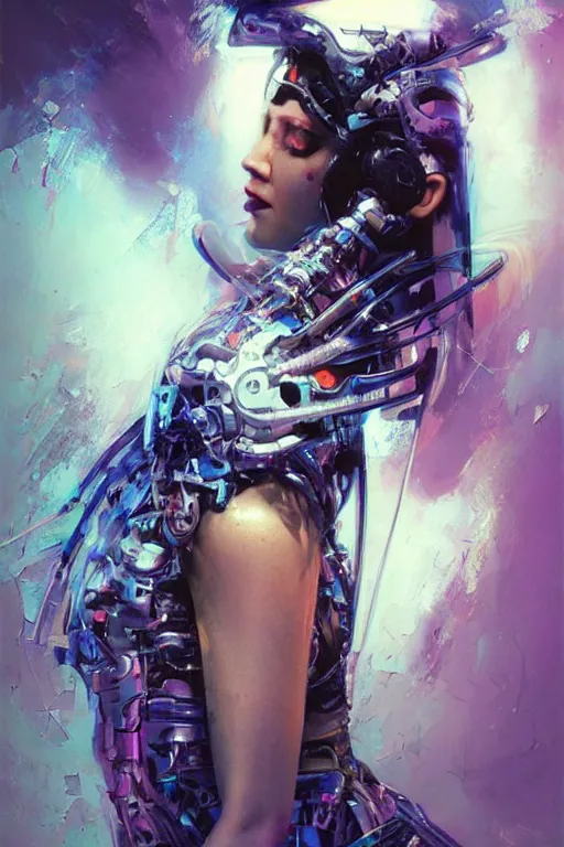 Prompt: portrait, headshot, digital painting, an beautiful techno - shaman cyborg lady, smiling, pearlescent, synthwave, glitch, fracture,, realistic, hyperdetailed, chiaroscuro, concept art, art by john berkey