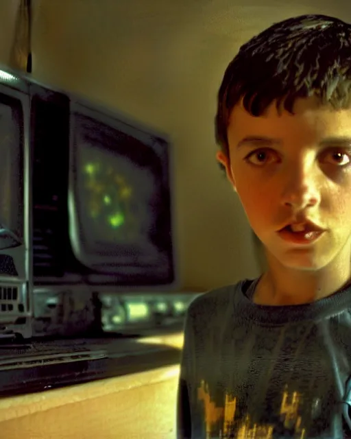 Prompt: 8k professional photo of an 8 years old enlightened and scared boy standing in front of an old computer from 90s with a game doom2 at the monitor screen, still from a movie by Gaspar Noe and James Cameron