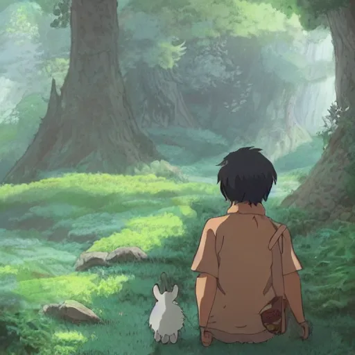 Image similar to friendly guy and small creature , with Fragile looking character portrait face made in Studio Ghibli artstyle ,highly detailed art, beautiful scene, sharp focus, smooth, 8k, anime art, fantasy, style in ghibli anime style, fantasy, island, forest with animals 8k