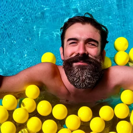 Image similar to man with half sided beard dipped in a pool of yellow and white balls
