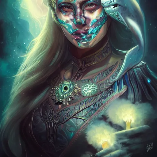 Prompt: Very very very very highly detailed mystic, enigmatic, strange portrait of a phantom warrior with galaxy, roses, shark's teeth by Artgerm, intricate, extremely detailed, digital painting, artstation, concept art, smooth, sharp focus, illustration, intimidating lighting, incredible art,