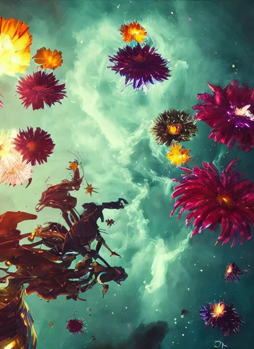 Image similar to An epic fantastic realism comic book style painting of the most beautiful spinning flowers floating into the dark and starry cosmos, exquisite bouquets, fisheye, a star implodes, unreal 5, DAZ, hyperrealistic, octane render, dynamic lighting