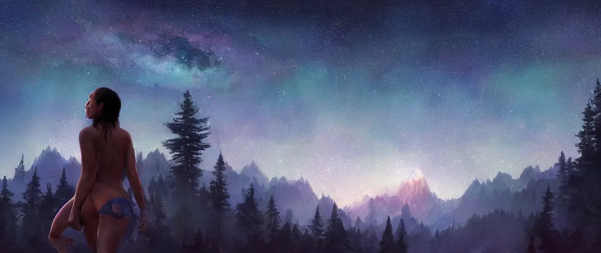 Prompt: digital photography of a ultra detailed night sky with constellations, detailed very beautiful native American girl with short hair swimming in a blue pool, Perseides meteor shower, ultra detailed hill top over behind a forest, large mountains in back, concept art, low angle, high detail, warm lighting, volumetric, vivid, beautiful, trending on artstation, by Jordan Grimmer, no focus, huge scene, ultra detailed trees, F11 aperture, in the style of JIM RICHARDSON