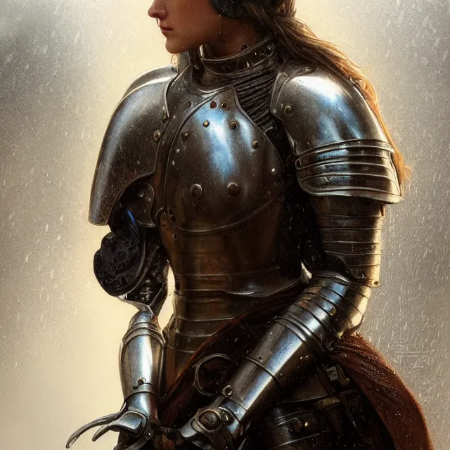 Prompt: detailed head and shoulders portrait of female medieval knight, detailed metal armor, rainy thunderstorm background, wet skin, wet hair, wet armor, subsurface scattering, artistic, art by artgerm, greg rutkowski and alphonse mucha, artstation, octane render,