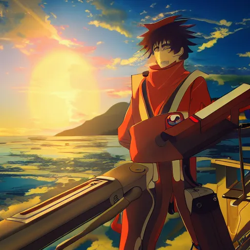 Prompt: anime Friedrich Nietzsche piloting a robot at sunset, moody, 8k