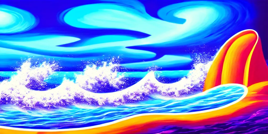 Image similar to a beach shaped like a singing mouth, the waves are made is musical notes, one wave is shaped like the mouths tongue, very colorful painting 8 k trending on art station, intricate details, very realistic, cinematic lighting, volumetric lighting,