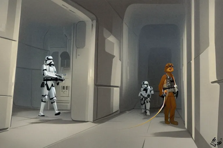 Prompt: ralph mcquarrie concept art, scene : int. death star - detention corridor, luke and leia crouch together in an alcove for protection as they continue to exchange fire with troops. han and chewbacca are barely able to keep the stormtroopers at bay at the far and of the hallway. the laserfire is very intense, and smoke fills the narrow cell corridor.