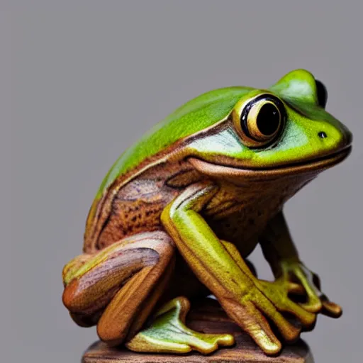 Image similar to a realistic wooden statue of a frog