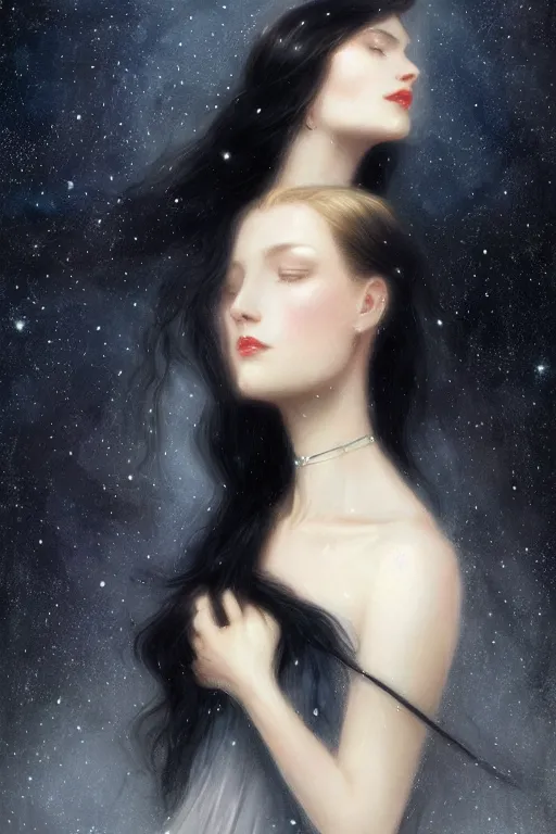 Image similar to Nocturne, glowing, stars, a long-legged elegant sultry woman, long black hair, pearl choker, snow white, highly detailed, mysterious, ethereal, dressed in black velvet, haute couture, illustration, dramatic lighting, soft details, painting, by Edmund Blair Leighton, Brom, Charlie Bowater, trending on artstation, faces by otto schmidt