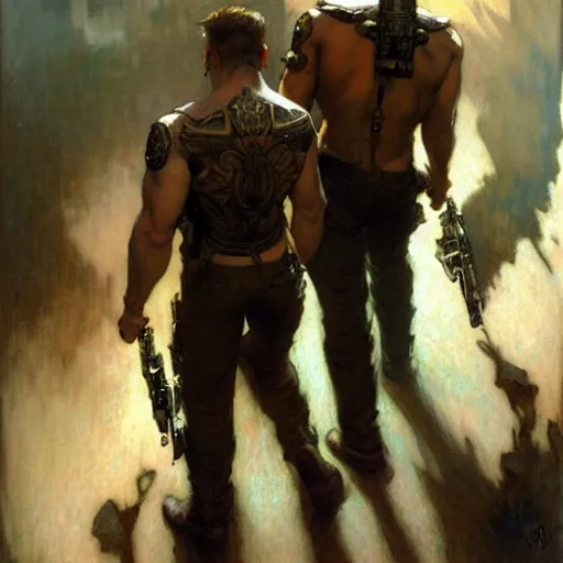 Image similar to back tattoo of albert wesker and chris redfield, by gaston bussiere, craig mullins, greg rutkowski, alphonse mucha