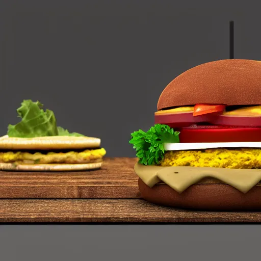 Image similar to blender render of cheeseburger with 3 0 patties