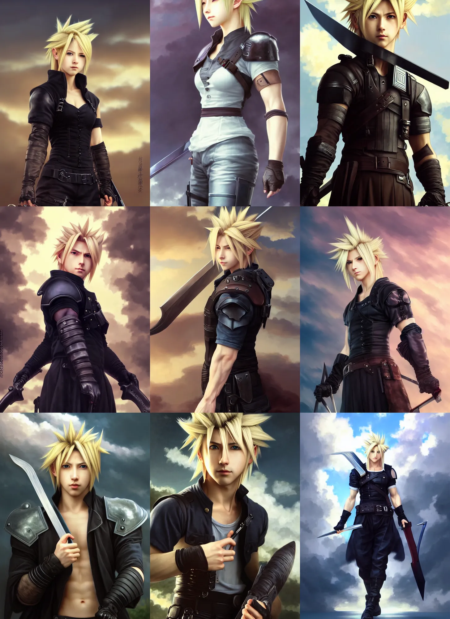 Prompt: portrait of cloud strife, full length shot, shining, 8k highly detailed, sharp focus, illustration, art by wlop, art by bouguereau