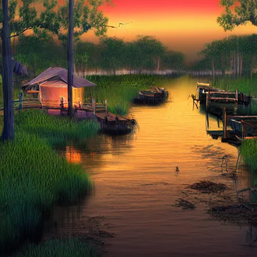 Prompt: digital art of small florida swamp fishing village on the side of the water, night time, dimly lit by lanterns, trending on artstation