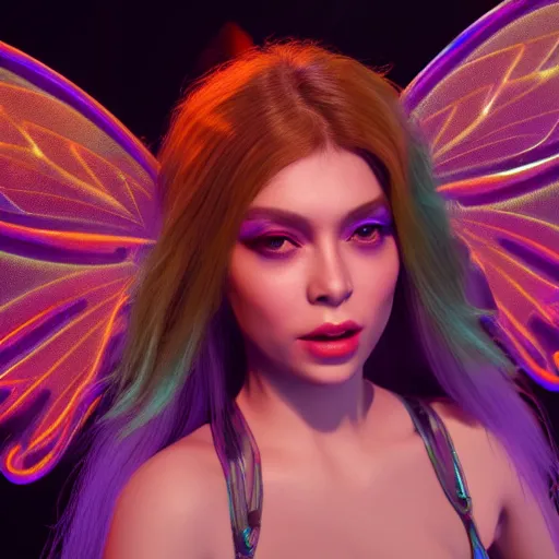 Image similar to neon fluorescent, iridescent young ornella muti with fairy wings cyperpunk 2 0 7 7, unreal engine 5, 8 k ultra realistic, hyperdetailed, volumetric lighting, extremely high quality