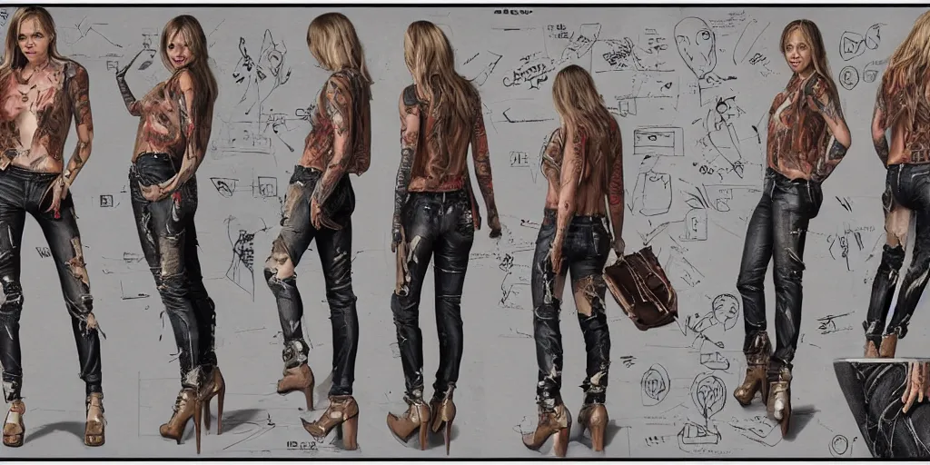 Image similar to halston sage fully tattooed, wearing scratched and ripped short leather jeans, wearing an aviator outfit with a smiley stamp, character sheet, fine details, props, concept design, contrast, kim jung gi, greg rutkowski, trending on artstation, 8 k, full body, turnaround, front, back, ultra wide angle