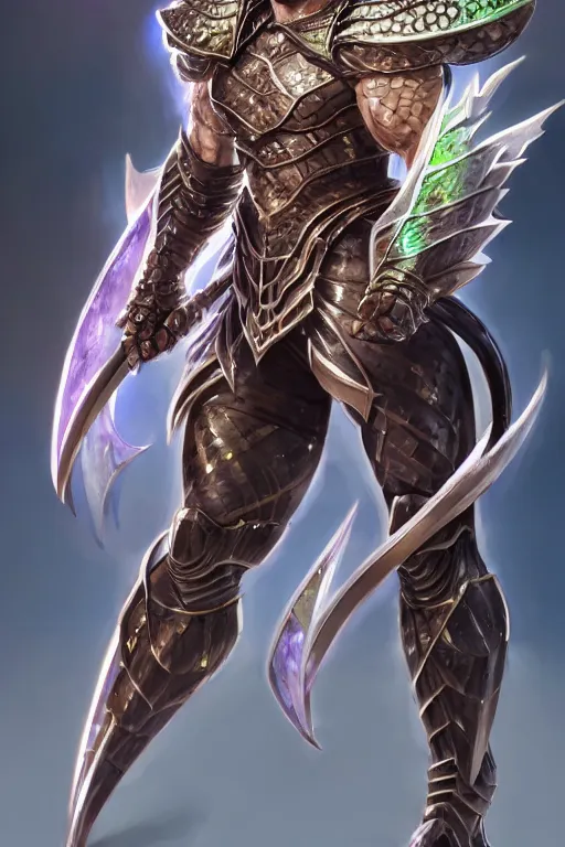 Image similar to Full body character concept art of an anime draconian warrior knight, iridescent scales, cool face, muscular, by Stanley Artgerm Lau, WLOP, Rossdraws, James Jean, Andrei Riabovitchev, Marc Simonetti, and Sakimichan, tranding on artstation