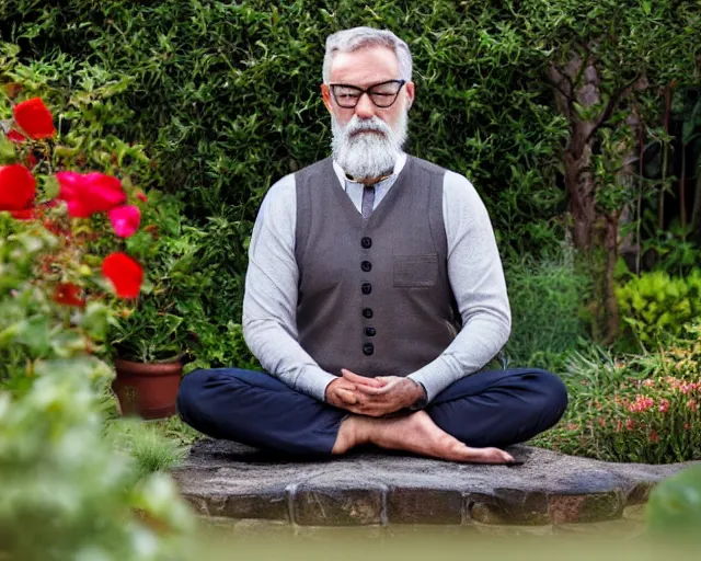 Prompt: mr robert is drinking fresh tea and meditate in a garden from spiral mug, detailed calm face, grey short beard, golden hour, red elegant shirt