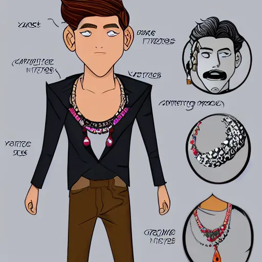 Prompt: a character model sheet of a very handsome young man wearing excessive jewelry in a stylish and cool way
