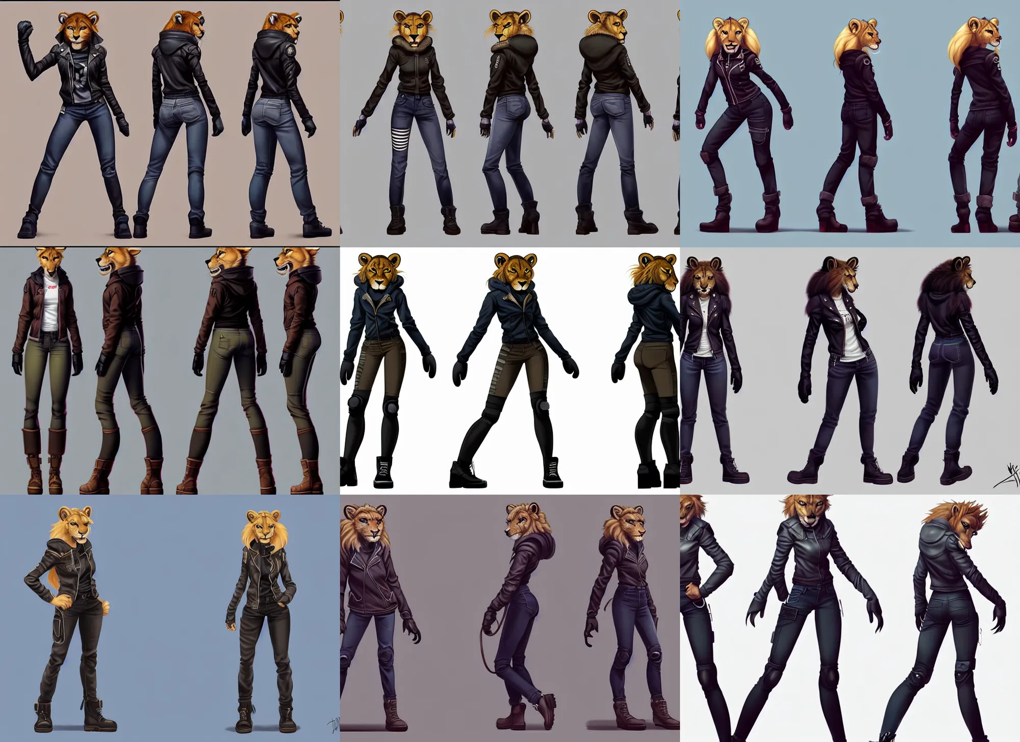 Prompt: beautiful full body portrait of a strong female anthropomorphic lioness fursona wearing biker clothes. character reference sheet with front, back and side profiles. character design by disney, anime, manga, charlie bowater, ross tran, artgerm, and makoto shinkai, detailed, soft lighting, rendered in octane