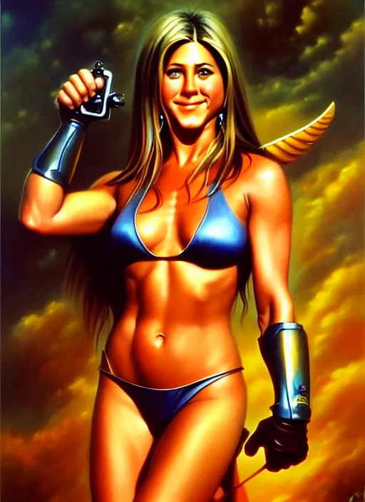 Image similar to portrait of cute young jennifer aniston as an amazon girl, full body, painted by stanley artgerm, boris vallejo, fantasy art, sleek curves, sharp focus, trending on artstation hq, deviantart