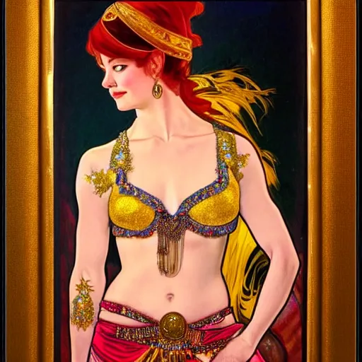 Image similar to a photorealistic portrait of emma stone dressed as a belly dancer, arabian night, high quality, fully detailed, 4 k, in focus sharp face with fine details, realistic hand details and anatomy composition, inspired by belly dancer on youtube, alphonse mucha, masterpiece, stunning