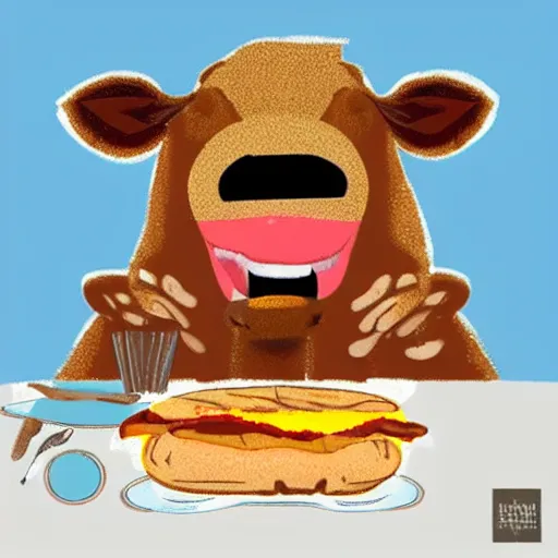 Image similar to a happy cow eating a cheeseburger, high art