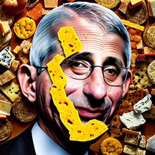 Prompt: uhd photorealistic anthony fauci made of various cheeses. photo by annie leibowitz