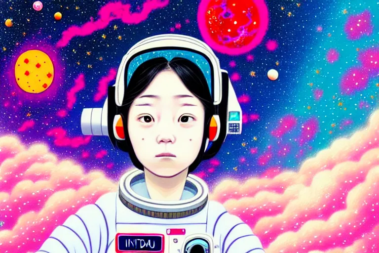 Prompt: hikari shimoda, portrait of a young female astronaut going insane floating in a nebula, no helmet, flowing hair, lomography, colorful